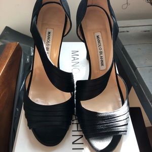 Manolo Blahnik open toe black satin pumps